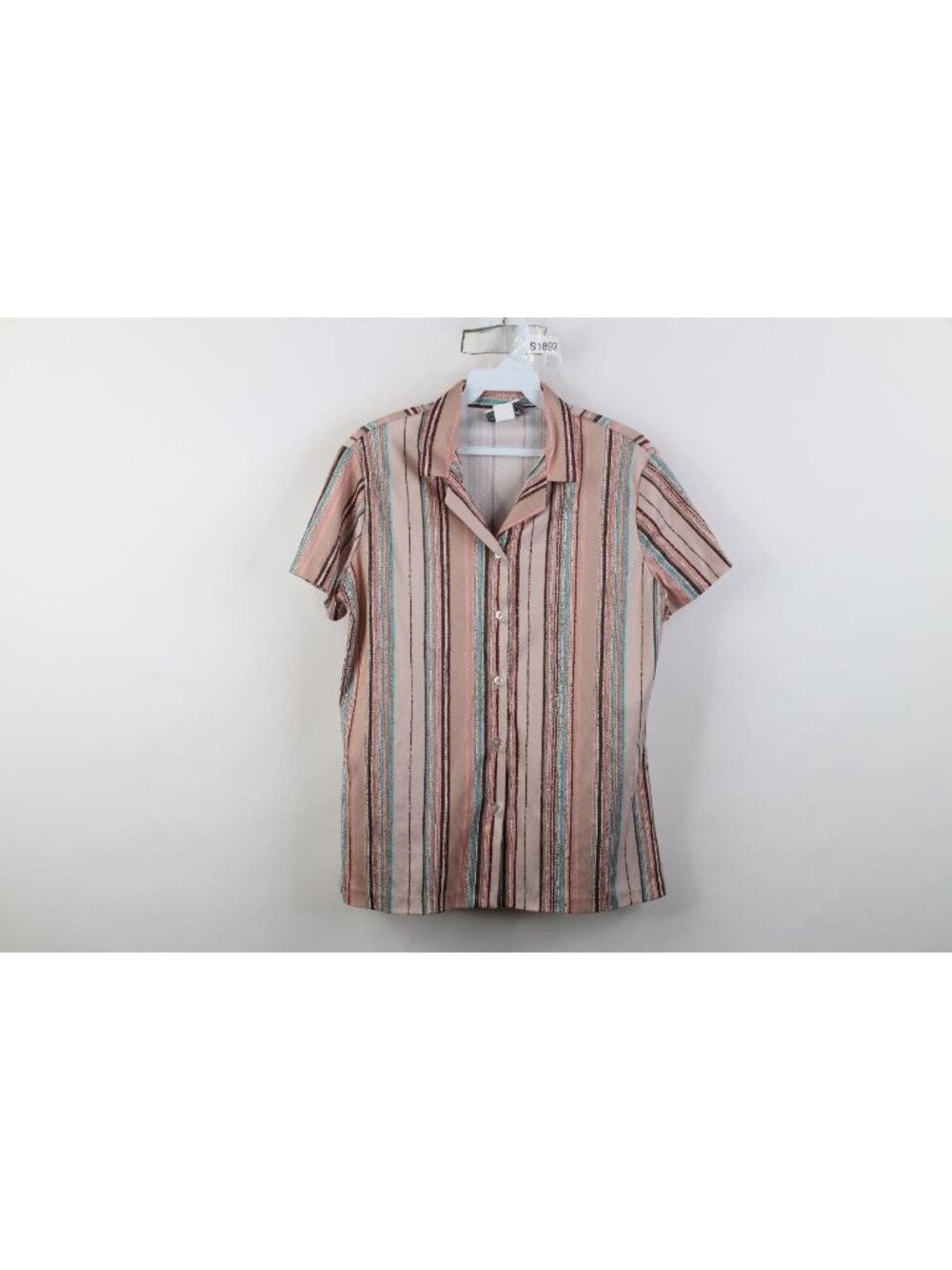 Vtg 70s Streetwear Womens 16 Striped Knit Short Sleeve Collared Button Shirt USA